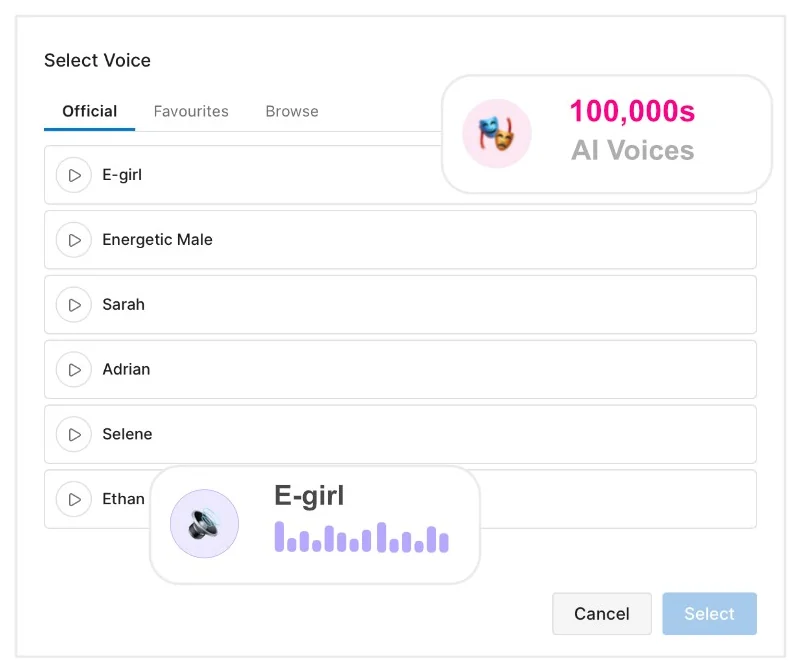 The NextUp Alert voice picker listing official AI voices — E-girl, Energetic Male, Sarah, Adrian, Selene and Ethan — with a preview waveform playing.