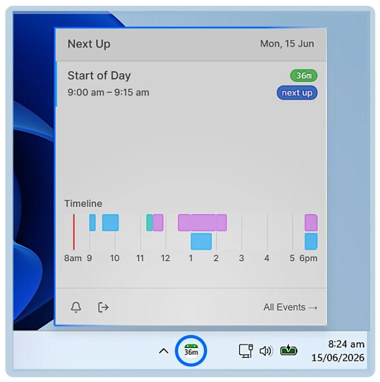The NextUp Alert system tray pop-out showing the next event, a colour-coded timeline of the day from 8am to 6pm, and a green tray icon counting down 36m.